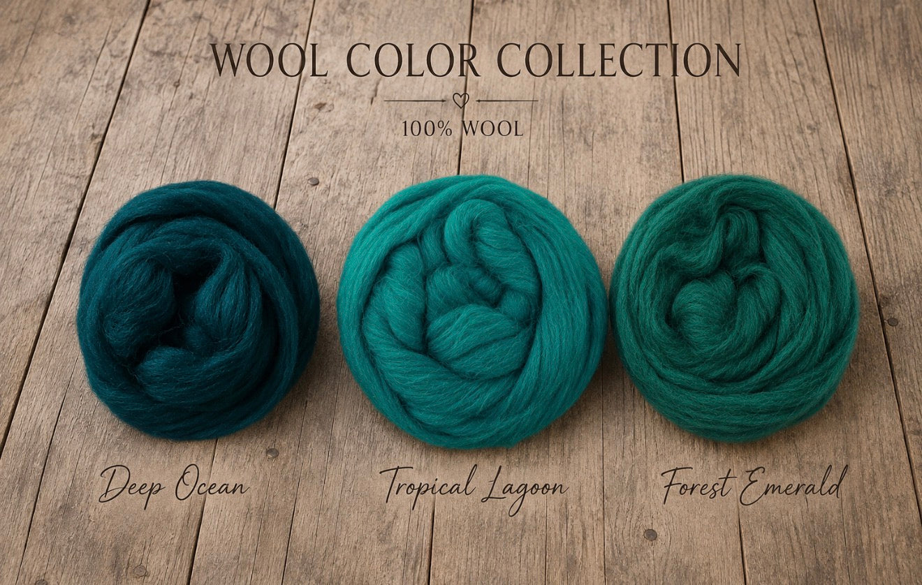 Three rolled balls of teal and blue-green wool yarn labeled Deep Ocean, Tropical Lagoon, and Forest Emerald, arranged on a rustic wooden background under the heading 'WOOL COLOR COLLECTION 100% WOOL'.