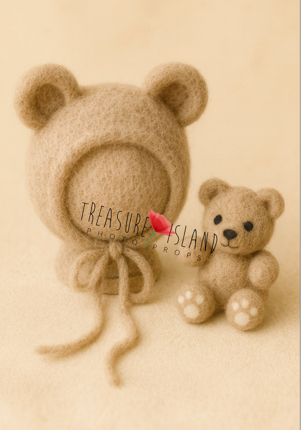 Handmade felt bear bonnet and mini teddy in cappucino tones, baby photography prop for newborn and sitter