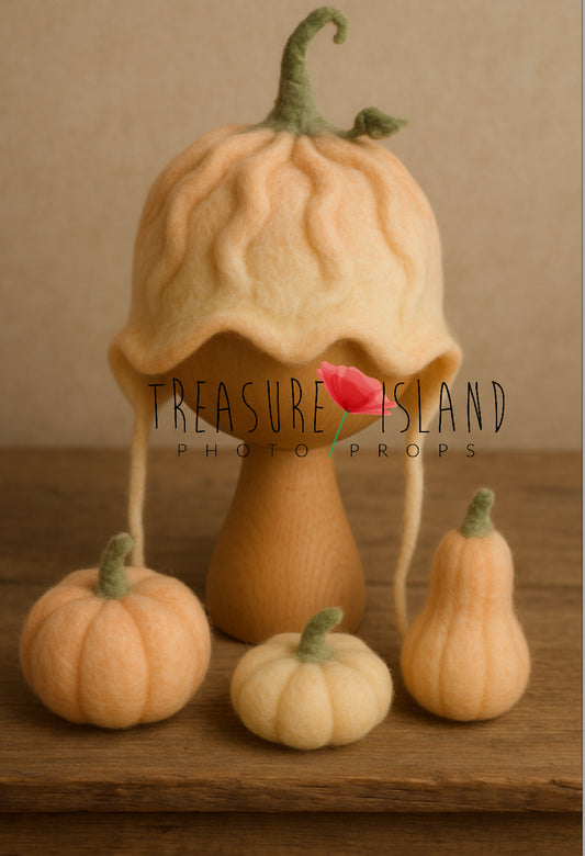 FELTED Peach-Pink Pumpkin Hat & Felted Pumpkins Toy