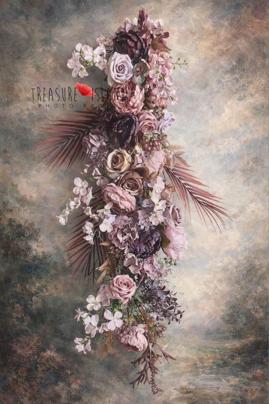 Handcrafted vertical floral arrangement in blush, mauve and burgundy tones with roses and hydrangeas – fine art newborn and maternity photography backdrop prop

