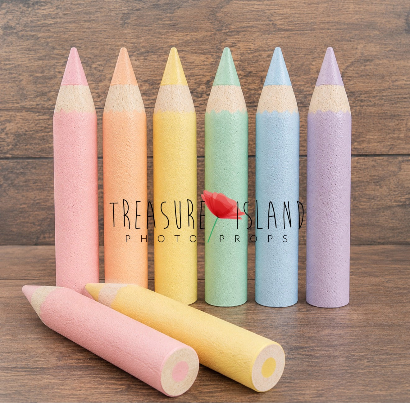 6 of Rainbow Collection handmade styrofoam giant colored pencils in Baby Pink, Peach,Butter Yellow, Mint, Baby Blue, Lavender. Back to School photo props for newborn, sitter and cake smash photography. Back to School photography props for newborn, sitter and cake smash sessions.