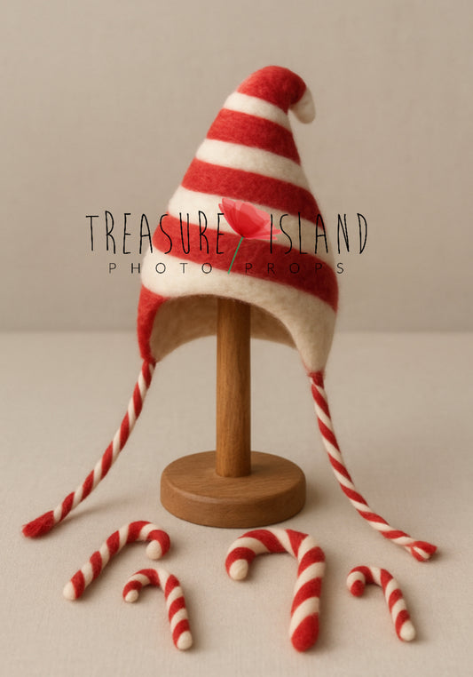 Candy Cane Felted Bonnet Set – Bonnet & 4 Candy Canes