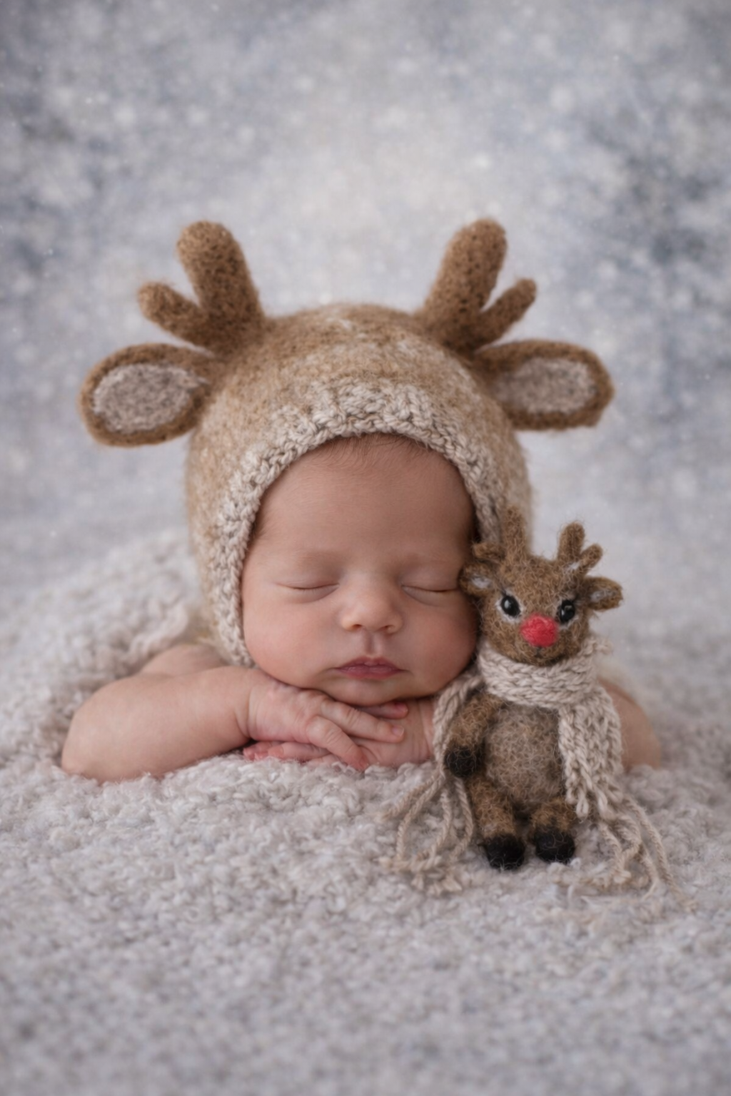 Handfelted newborn reindeer bonnet with matching tiny felt reindeer toy, styled in newborn photography setup, neutral beige tones, winter baby photo prop set