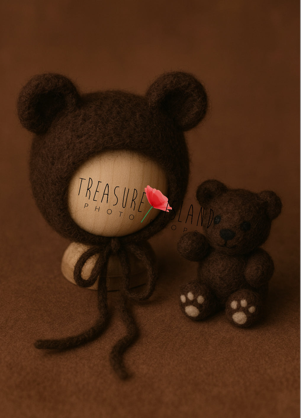 Hand-felted dark chocolate bear set with bonnet and miniature teddy, newborn and sitter photography prop
