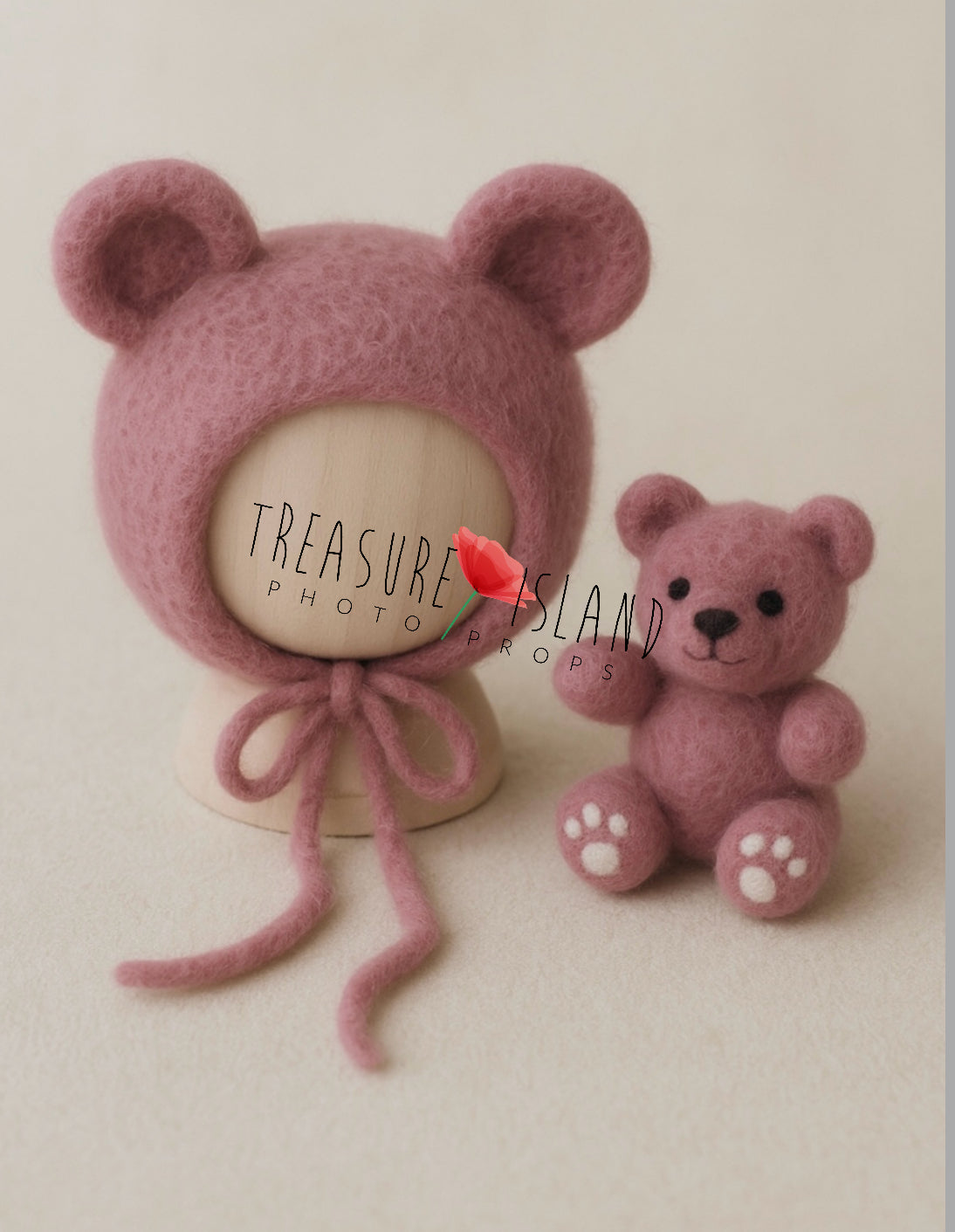 Hand-felted dusty rose  bear set with bonnet and miniature teddy, newborn and sitter photography prop
