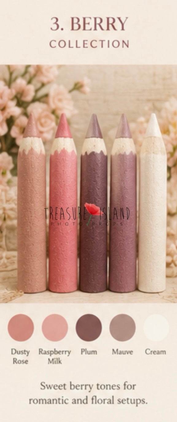 Chart of Berry Collection handmade styrofoam giant colored pencils in Dusty Rose, Raspberry Milk, Plum, Mauve, Cream. Back to School photo props for newborn, sitter and cake smash photography. Back to School photography props for newborn, sitter and cake smash sessions.