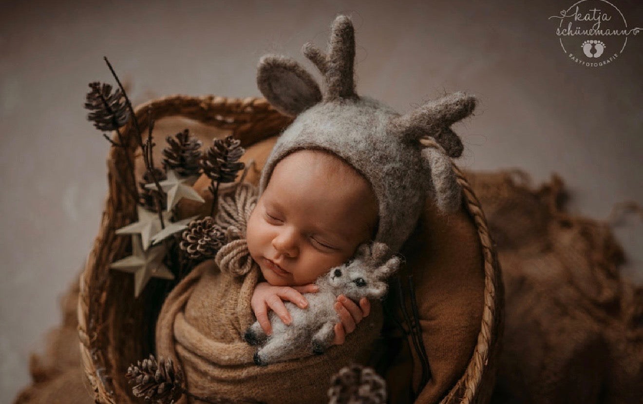 Felted Reindeer Set - Bonnet & Toy Prop for Newborn Photography