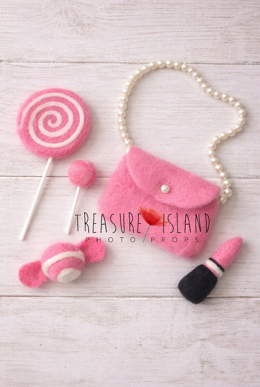 PRINCESS  SET - Needle Doll Accessories – Lipstick, Pearls, Candy & Lollipops - Handmade Baby Props