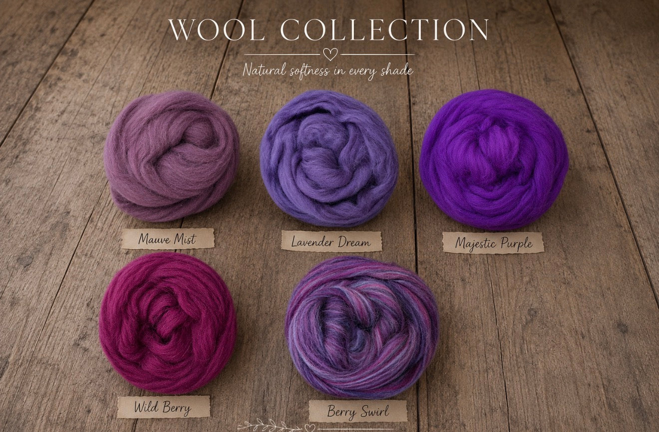 Five skeins of fluffy wool roving arranged on a rustic wooden surface under the text 'WOOL COLLECTION' with shade names labeled beneath each skein: Mauve Mist, Lavender Dream, Majestic Purple, Wild Berry, and Berry Swirl.