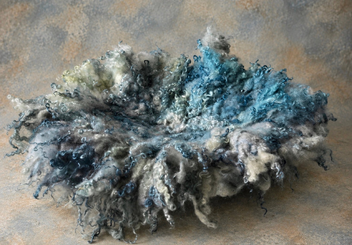 STORMY OCEAN Curly Wool Blanket | Hand Felted Natural Sheep Curls Photography Prop