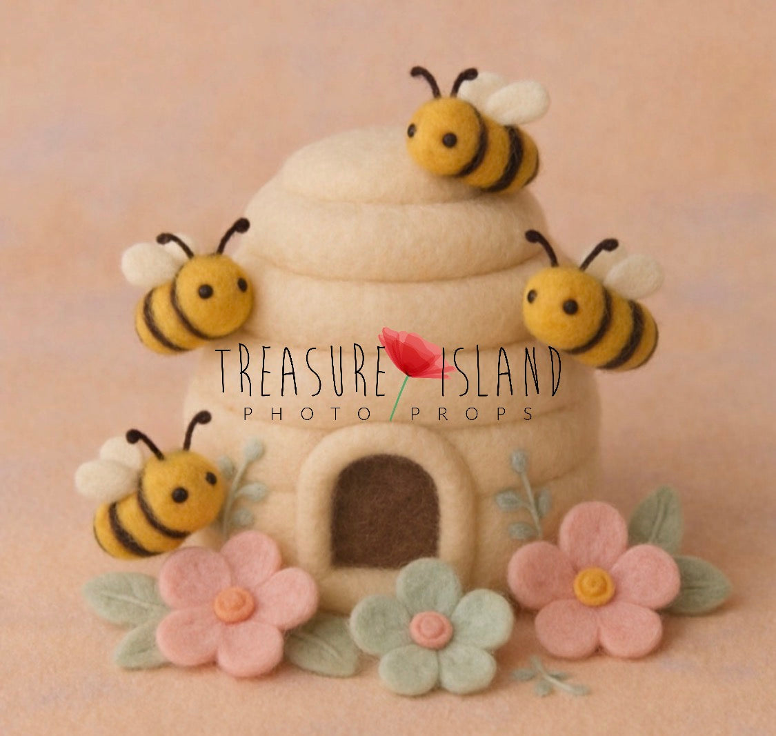 Handmade Cream Felt Beehive Set with Bees and Pastel Flowers