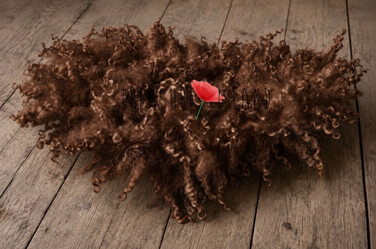 Truffle Chocolate hand felted curly wool blanket with natural sheep curls for newborn photography
