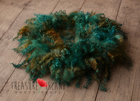 Enchanted Forest hand felted curly wool blanket with natural sheep curls for newborn photography