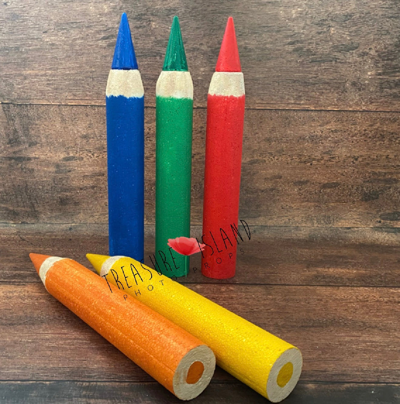 Classic Collection handmade styrofoam giant coloured pencils in Deep Blue, Green, Red, Orange and Sunny Yellow. Back to School photo props for newborn, sitter and cake smash photography. Back to School photography props for newborn, sitter and cake smash sessions.