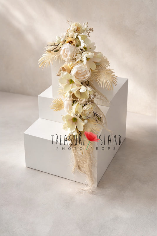 Ivory Easter floral garland photography prop with cream roses and decorative eggs – 120 cm