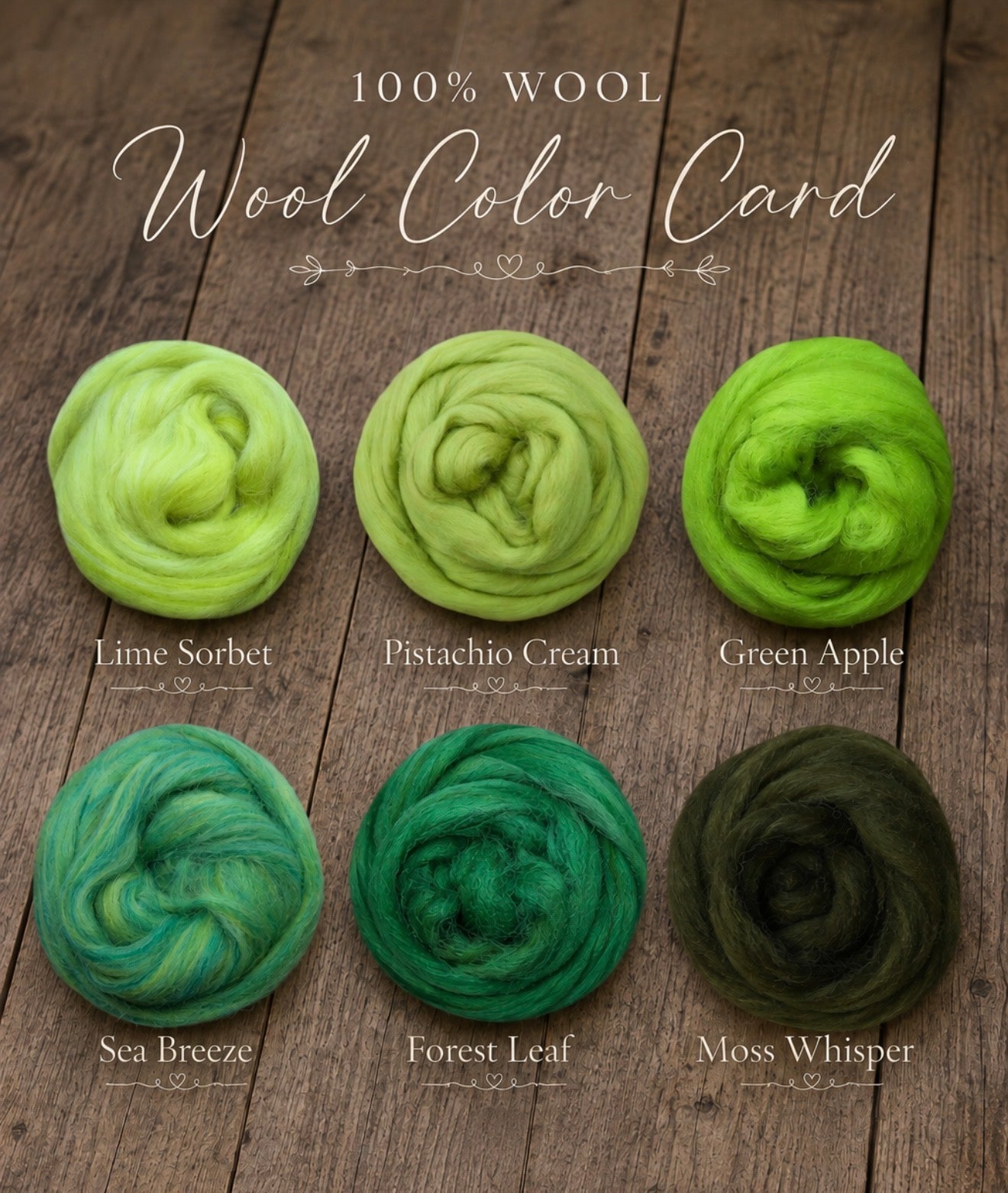 A wool color card displaying six different shades of green and teal wool roving arranged in two rows on a dark wood background, with text labels reading 'Lime Sorbet,' 'Pistachio Cream,' 'Green Apple,' 'Sea Breeze,' 'Forest Leaf,' and 'Moss Whisper.'.