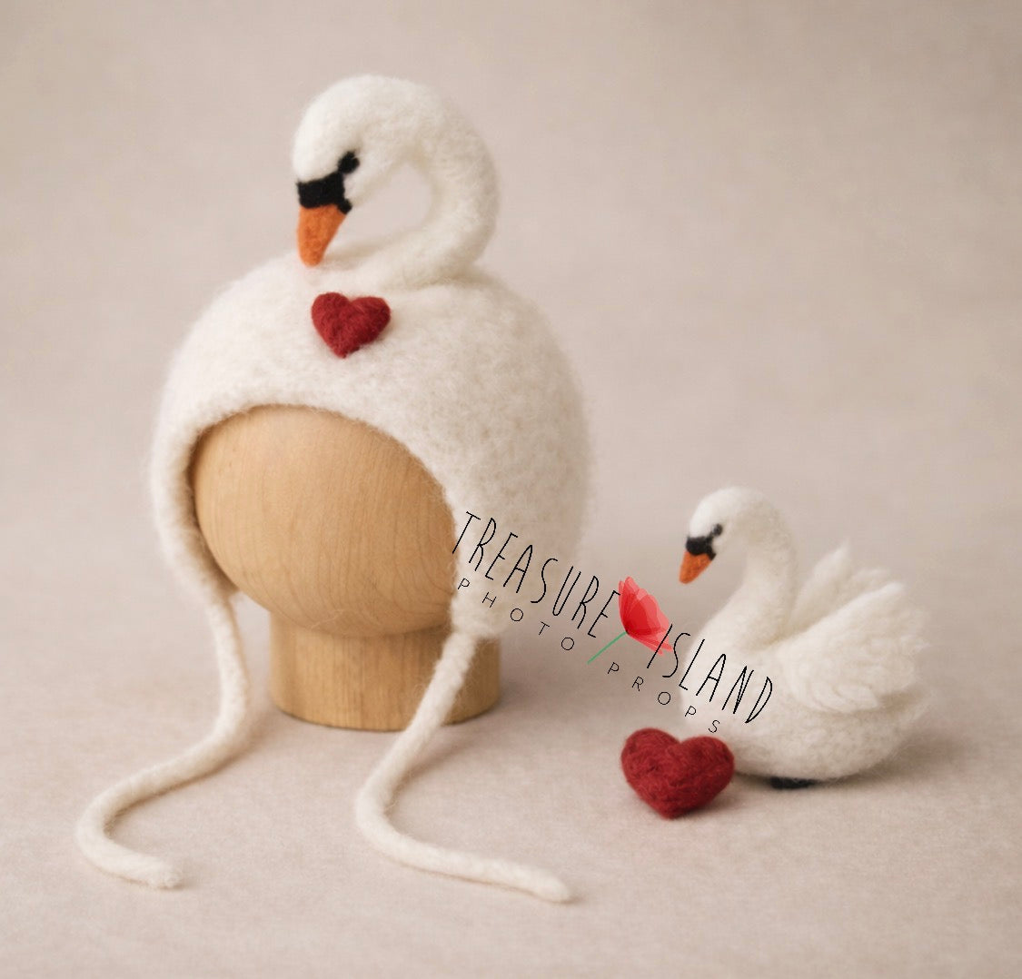 Swan Bonnet & Baby Swan Set – Handmade Newborn Photography Prop