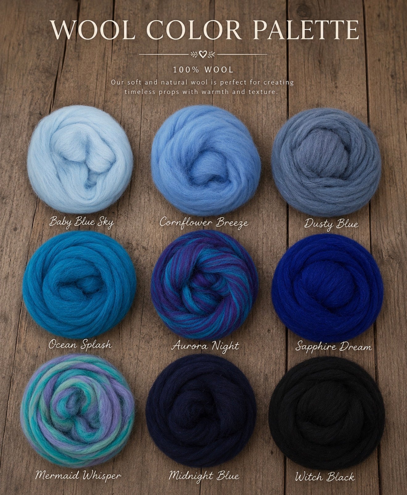 A wool color palette chart showing nine swatches of textured wool in various shades and blends, arranged in a grid on a rustic wooden background. The shades include light blue, cornflower blue, dusty blue, ocean splash, aurora night, sapphire dream, mermaid whisper, midnight blue, and witch black.