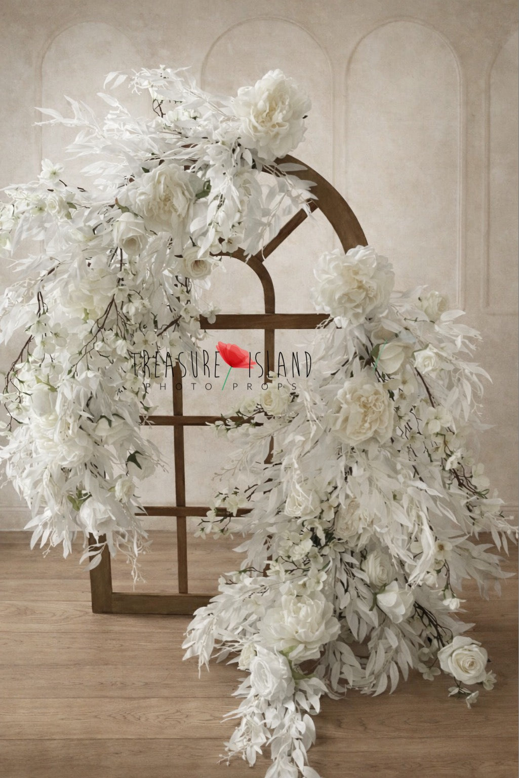 Luxury white floral window frame for newborn photography, cascading flower arch prop for baby, sitter and maternity photo sessions
