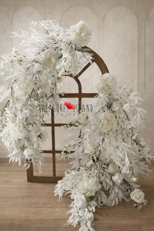 Luxury white floral window frame for newborn photography, cascading flower arch prop for baby, sitter and maternity photo sessions