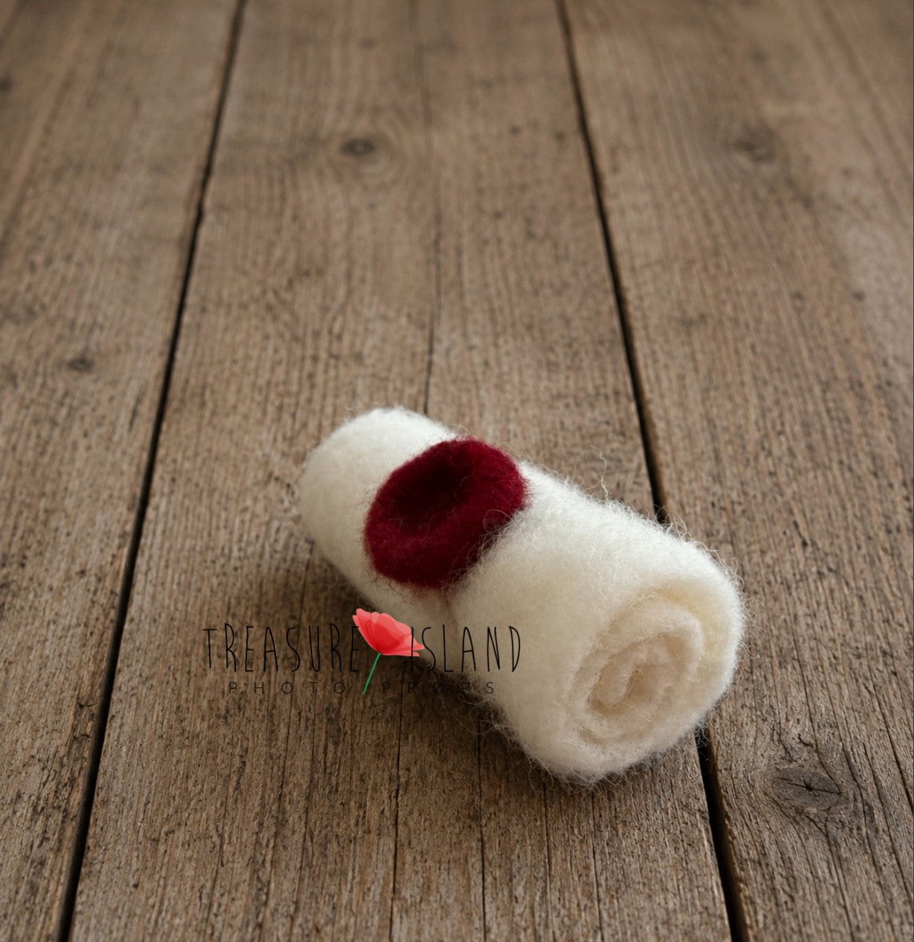Rolled hand felted letter with deep red seal on rustic wooden floor - fantasy newborn photography styling prop