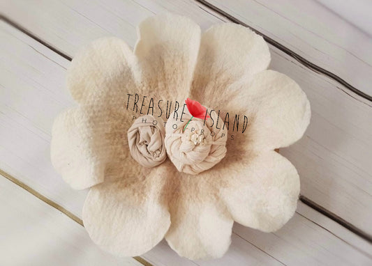 FLOWER SET cream beige ✨felted flower ✨stretch wraps ✨headband ✨flower blanket
