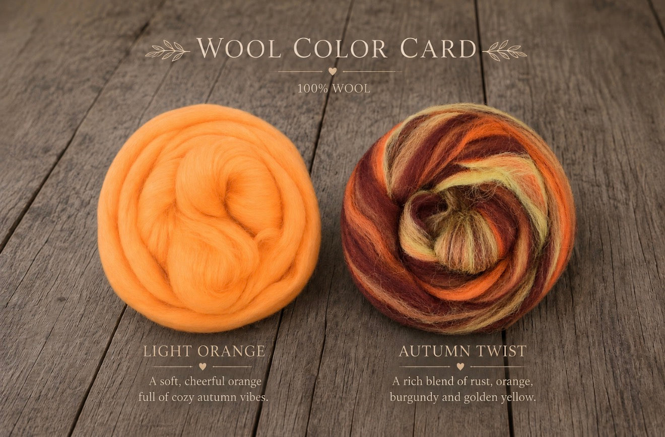 A wool color card displaying two types of wool: a bright light orange ball labeled 'LIGHT ORANGE' and a marled autumn blend labeled 'AUTUMN TWIST'. The image is set on a rustic dark wood background with elegant serif text at the top and bottom.