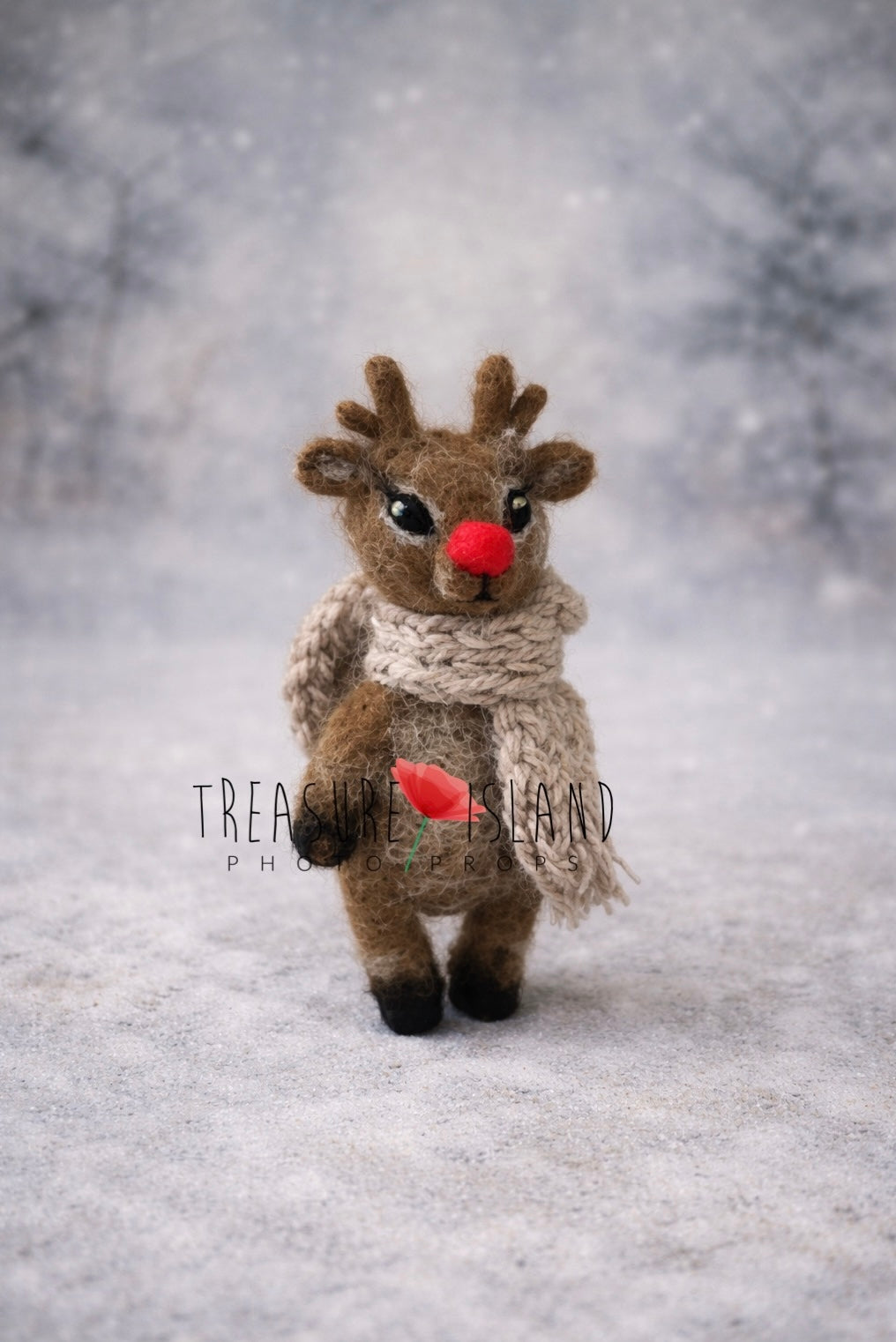 Needle felted reindeer prop with red nose and knitted scarf, handmade wool newborn photography prop, neutral brown tones, Christmas themed photo prop
