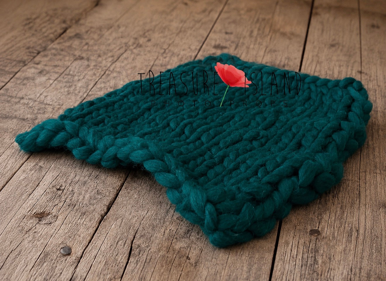 Hand knitted chunky wool blanket made from soft roving wool, newborn and sitter photography prop in deep teal