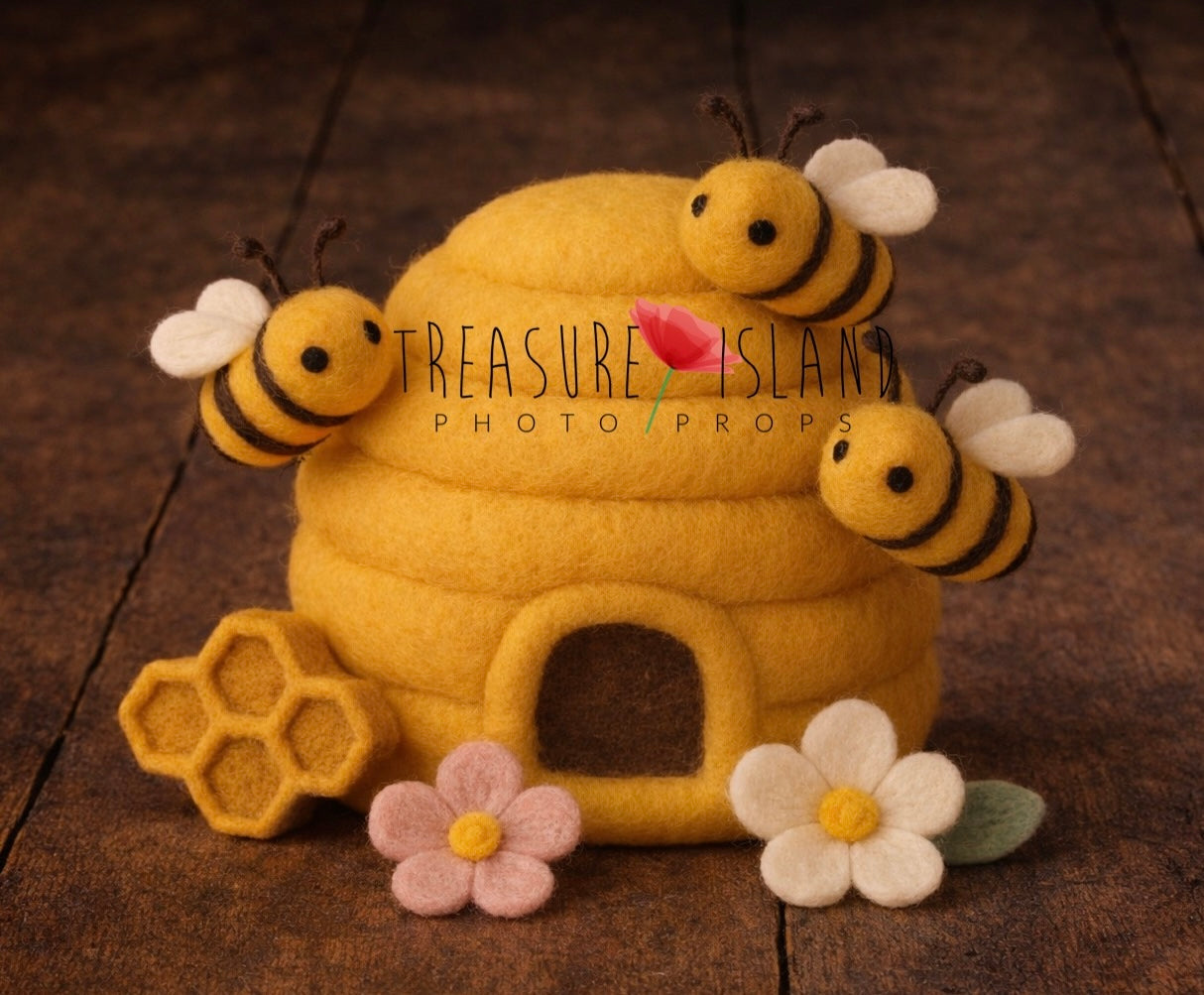 felted beehive with bees honeycomb newborn cake smash photography prop