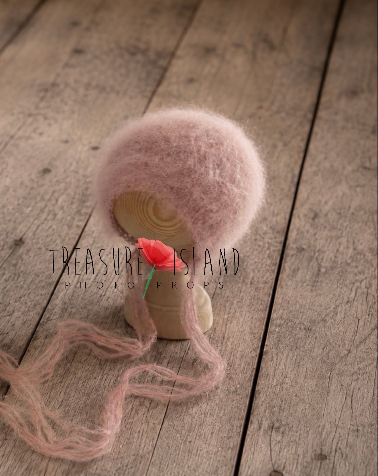 Luxury fluffy hand-knitted newborn bonnet made from premium soft yarn with long airy ties, available in hand-dyed colours for newborn and sitter Fine Art photography.