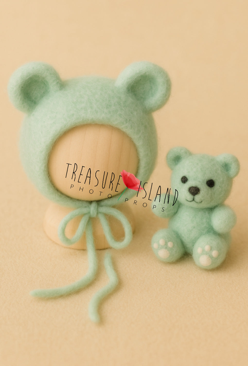 Handmade felt bear bonnet and mini teddy in mint tones, baby photography prop for newborn and sitter