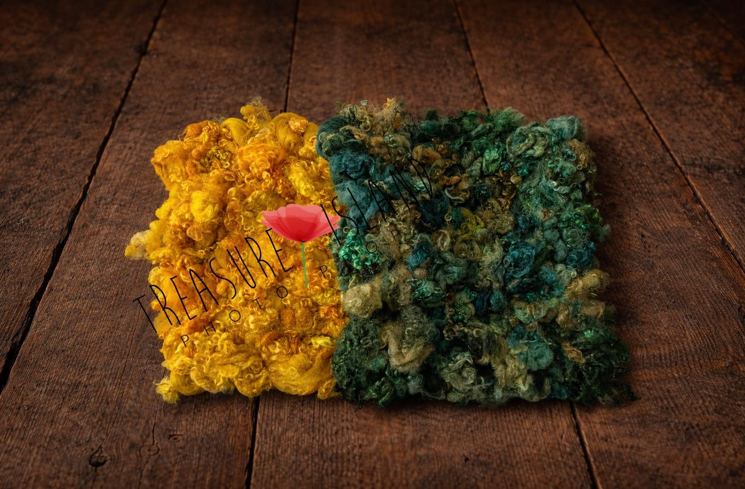 Hand-dyed curly wool texture in mustard yellow and deep green tones placed on rustic wooden floor background, natural hand-dyed fiber texture, newborn photography prop layering wool, high detail curls and organic fibers, fine art styling