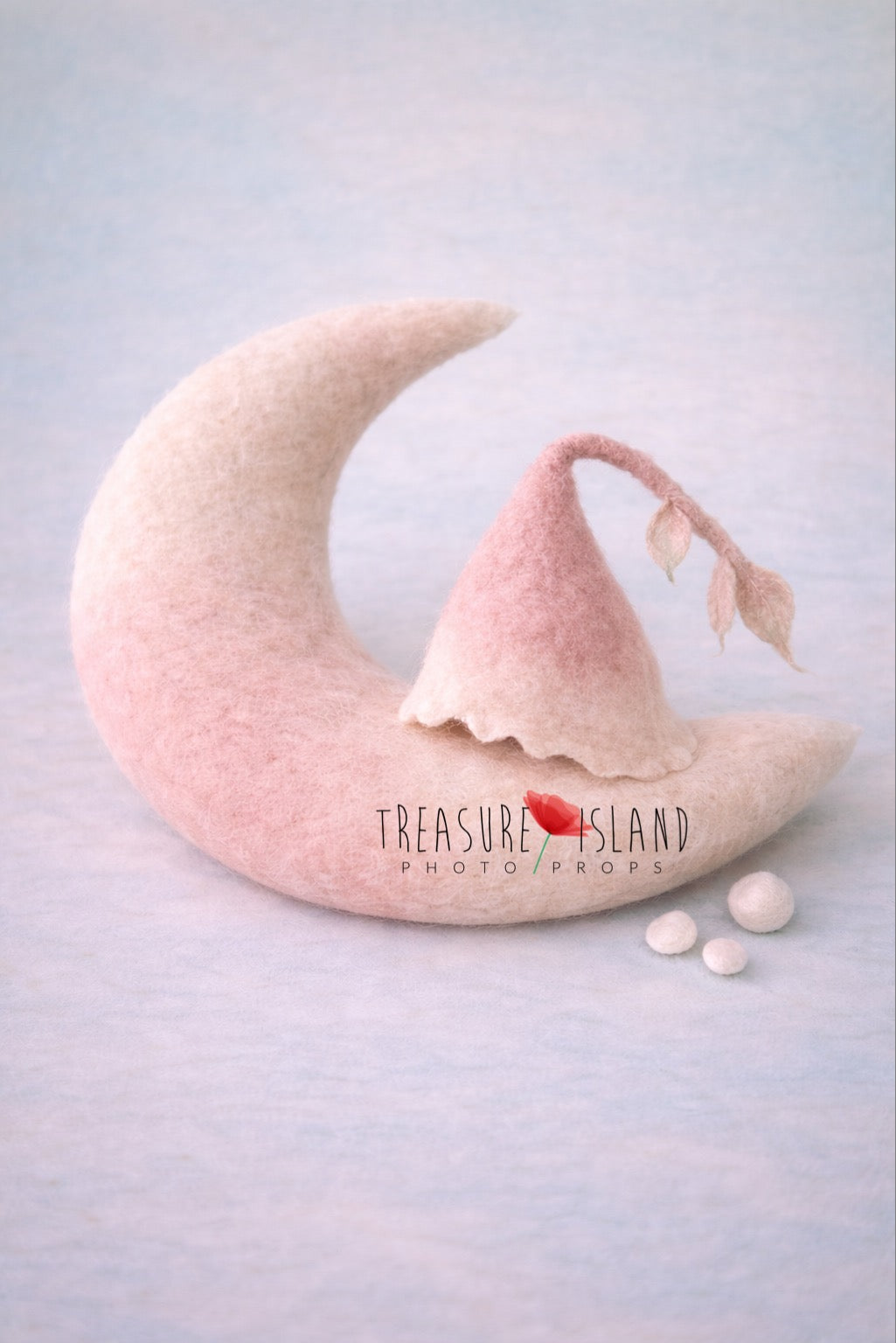 Hand felted newborn photo prop set with crescent moon pillow, blush wool bonnet and delicate felted dew drops
