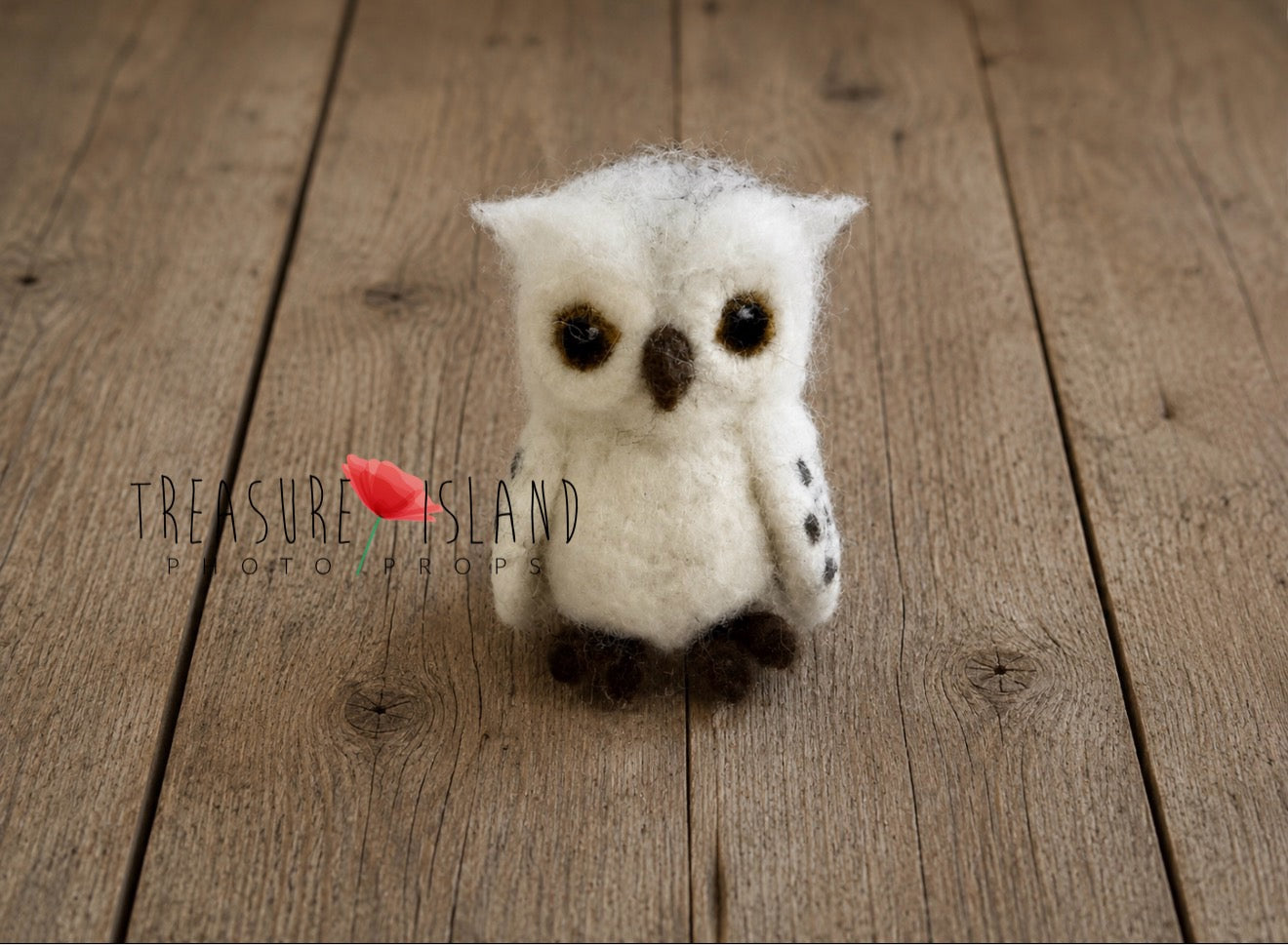 Hand felted white owl on old wooden floor background - handmade newborn photography prop for fantasy and storytelling sessions