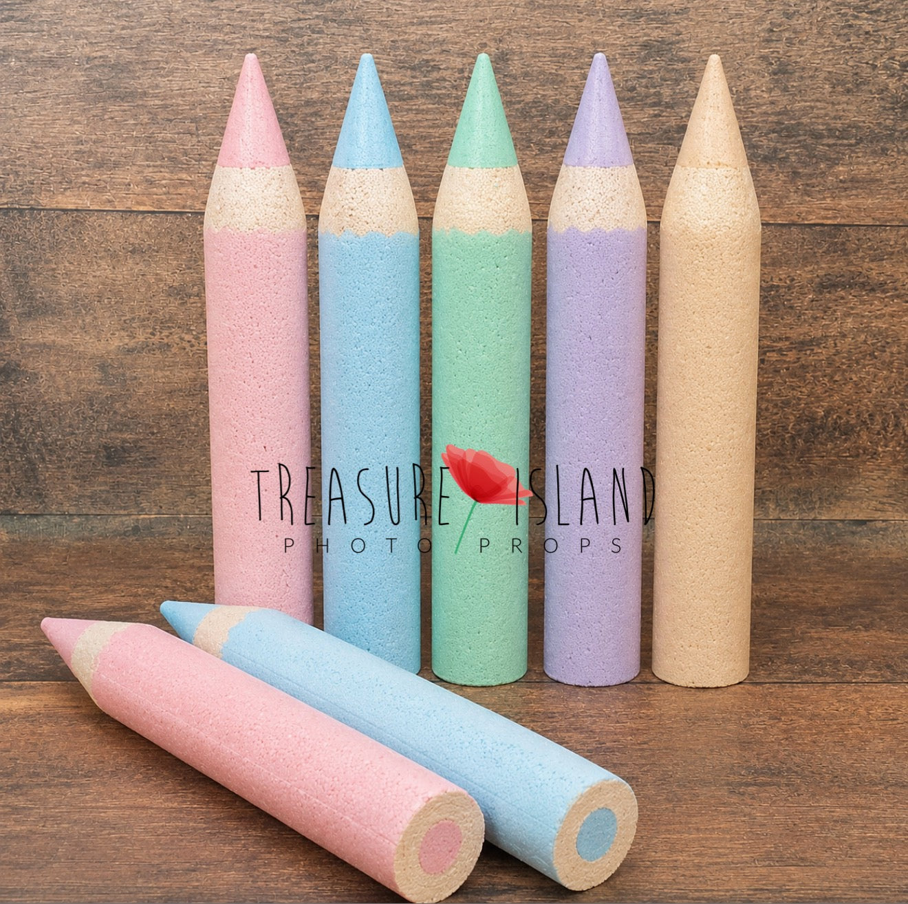 Five  of Classic Collection handmade styrofoam giant colored pencils in Blush Pink, Powder Blue, Mint, Lavender and Vanilla Beige. Back to School photo props for newborn, sitter and cake smash photography. Back to School photography props for newborn, sitter and cake smash sessions.