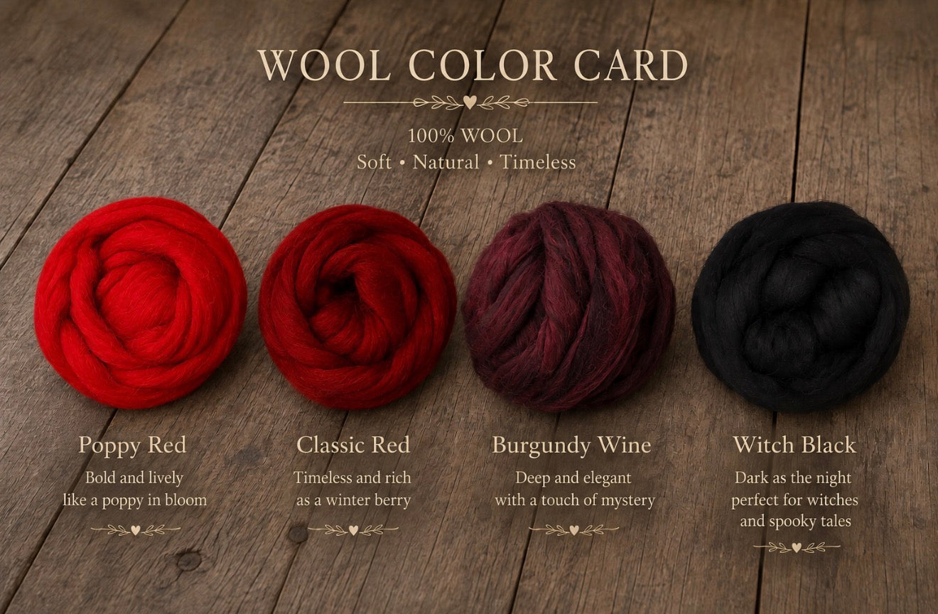 A wool color card showing four wool roving balls on a rustic wooden background, labeled Poppy Red, Classic Red, Burgundy Wine, and Witch Black with descriptive text above and below.