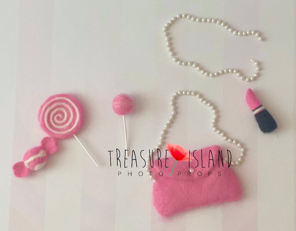 PRINCESS  SET - Needle Doll Accessories – Lipstick, Pearls, Candy & Lollipops - Handmade Baby Props
