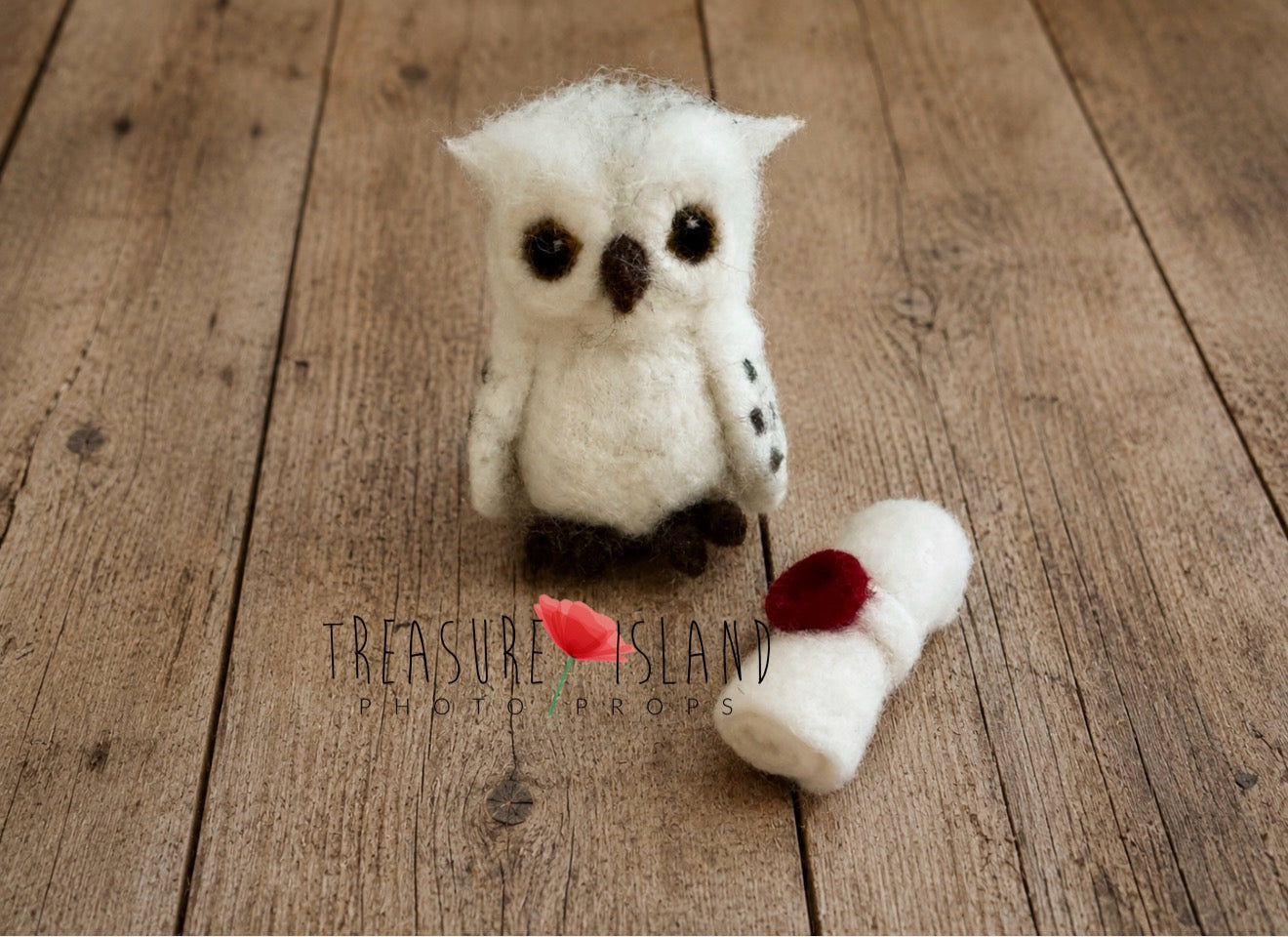 Hand felted white owl with sealed felt letter on rustic wooden floor - newborn photography prop set inspired by magical fantasy styling