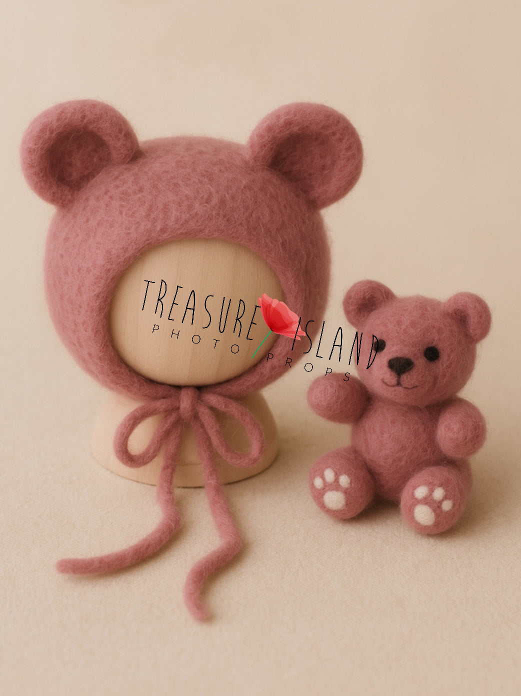 Handmade felt bear bonnet and mini teddy in powder blush tones, baby photography prop for newborn and sitter 