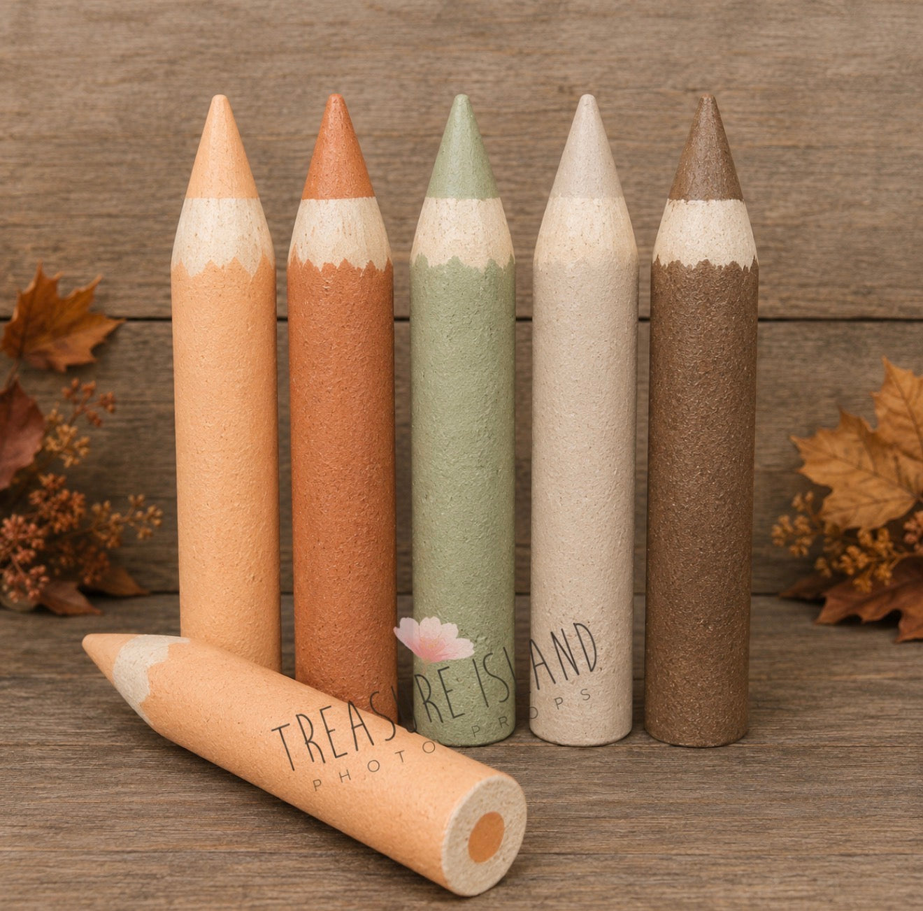 5 of Autumn Collection handmade styrofoam giant colored pencils in Pumpkin Cream, Terracotta, Sage, Oatmeal, Chocolate Milk. Back to School photo props for newborn, sitter and cake smash photography. Back to School photography props for newborn, sitter and cake smash sessions.
