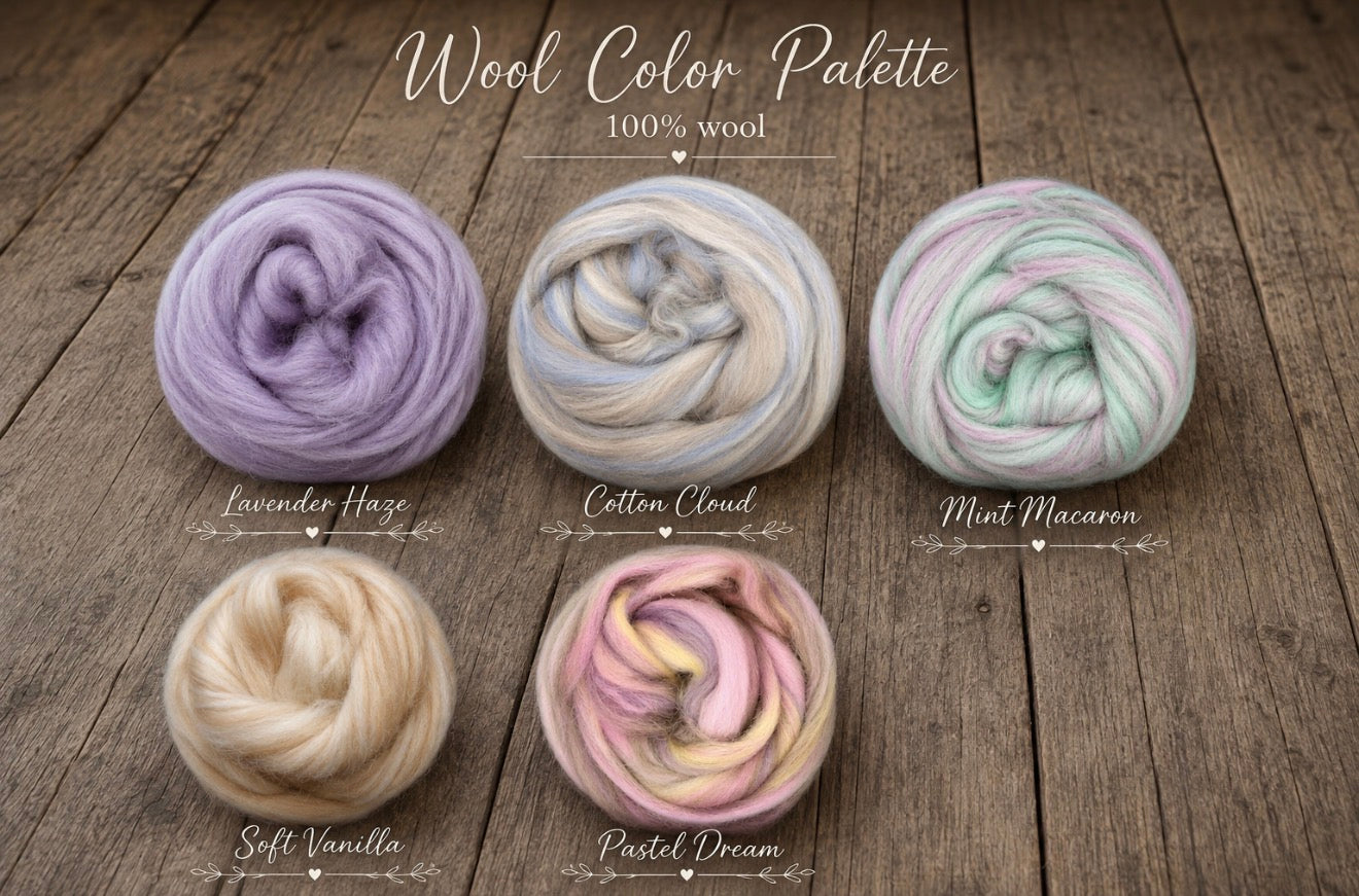 Six balls of soft wool yarn arranged on a rustic wooden surface under the title 'Wool Color Palette,' with color names labeled beneath each ball: lavender haze, cotton cloud, mint macaron, soft vanilla, and pastel dream.
