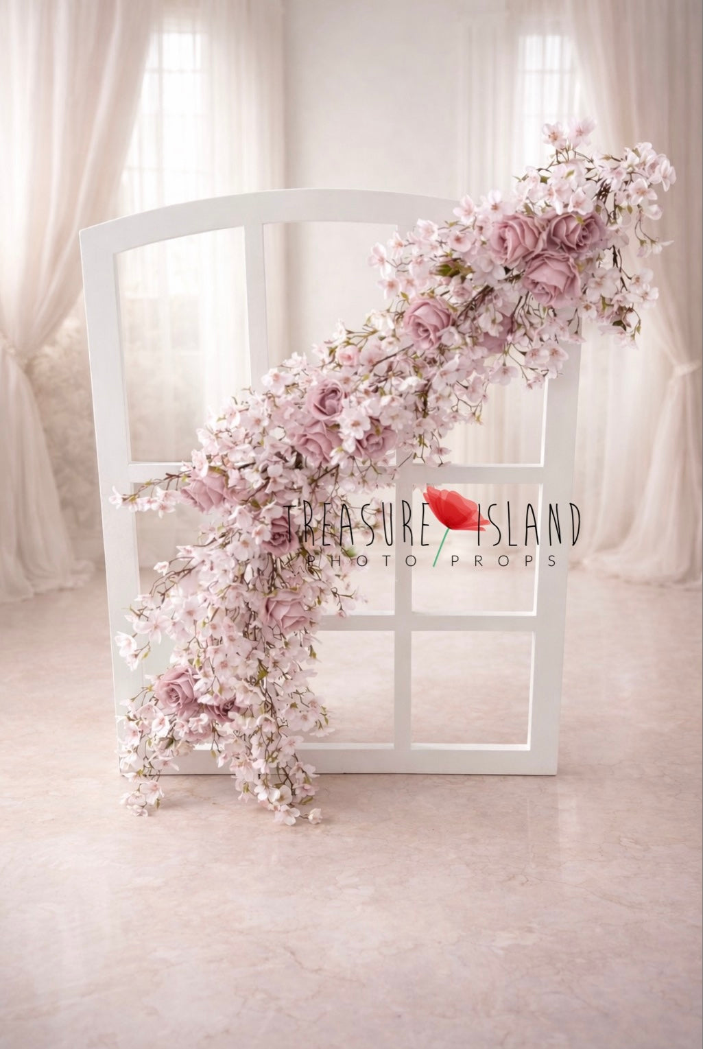 Elegant white arched window backdrop with pink roses and cherry blossoms, floral newborn photography prop for studio sessions
