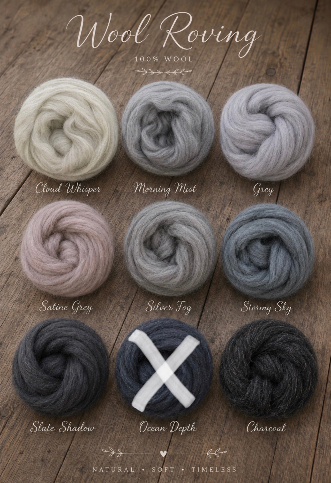 Nine skeins of wool roving in different colors are arranged in a grid on a rustic wooden background, with names written below each bundle. The top text reads 'Wool Roving' and '100% WOOL'.