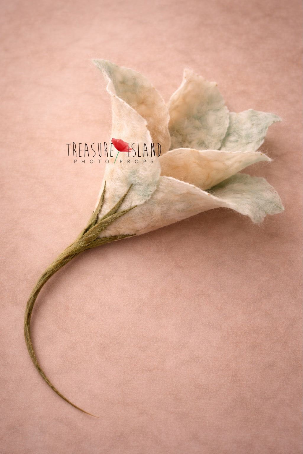Hand felted newborn photography flower prop in cream and soft mint tones with full green stem – unique artisan baby photo accessory
