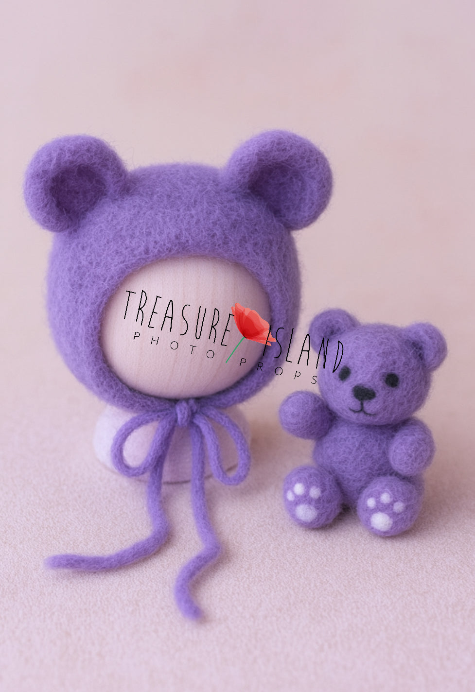 Felted lavender teddy bear set with bonnet, newborn photography accessory

