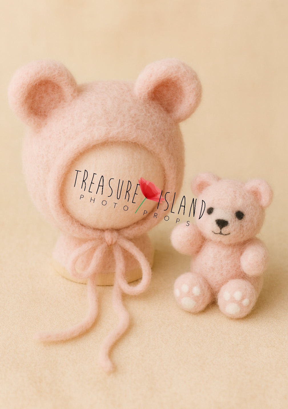Felted pink pastel teddy bear set with bonnet, newborn photography accessory
