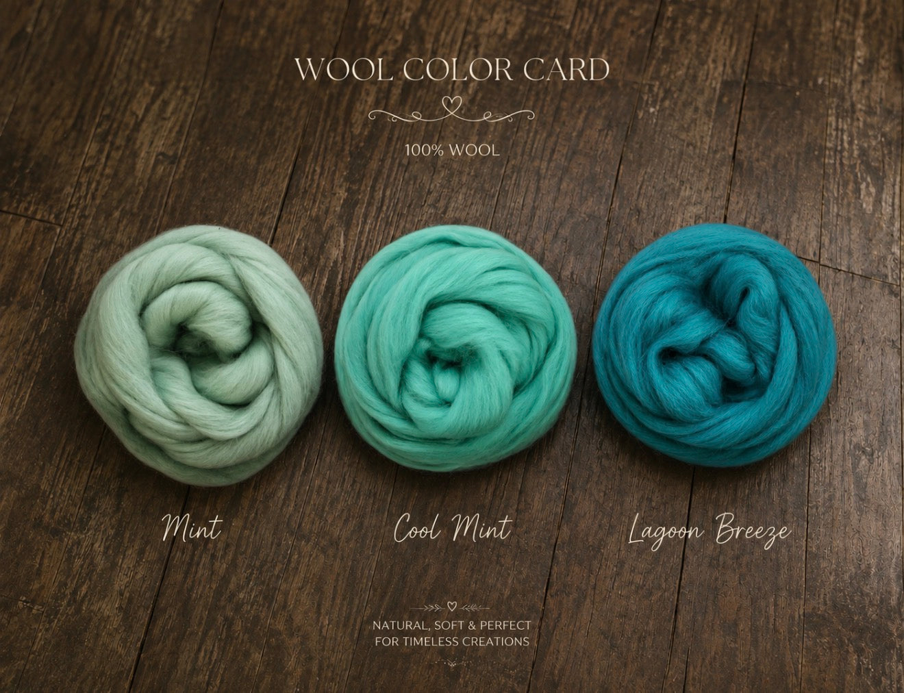 Three skeins of wool fiber in different mint and teal shades arranged on a dark wood background, with text reading 'WOOL COLOR CARD' and labels 'Mint', 'Cool Mint', and 'Lagoon Breeze'.