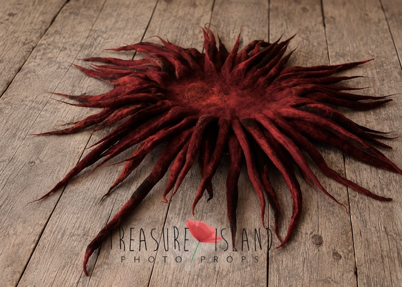 A deep burgundy dreadlock wig displayed flat on a rustic wooden plank surface, with a 'Treasure Island Photo Props' watermark overlay near the bottom.