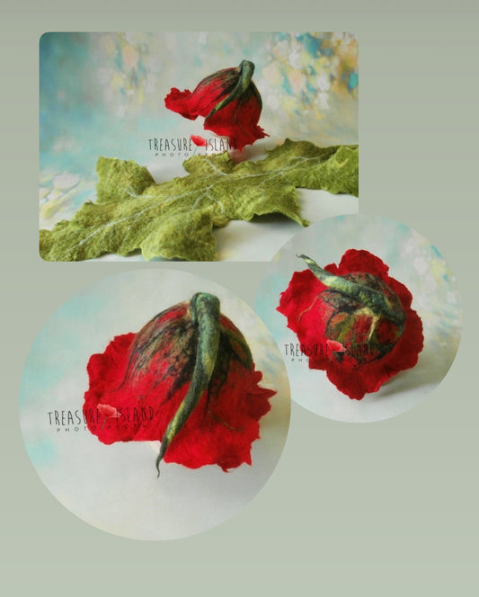 Felted POPPY Bonnet and LEAF - Photo Props